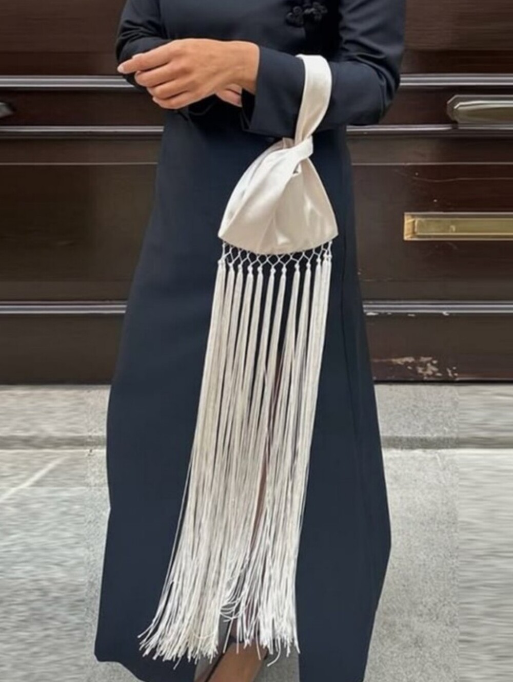 NWT Mango Satin Handbag With Fringe Trim in Ivory